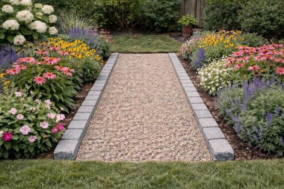 Straight gravel garden path surrounded by stone borders and colorful flowers
