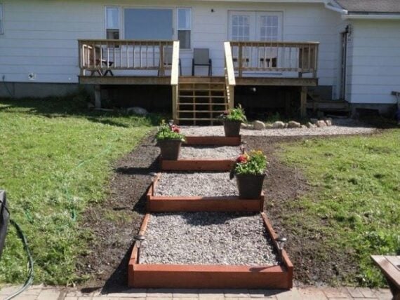 DIY Gravel and Timber Garden Steps Leading to a Backyard Deck