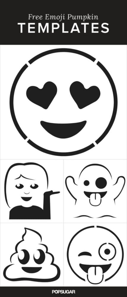 Printable pumpkin carving templates with popular emojis like heart eyes and winking face.