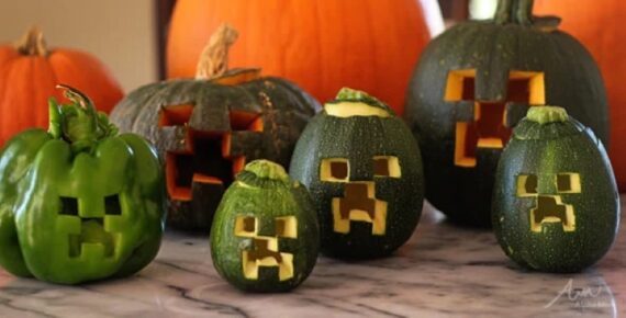 Green vegetables and pumpkins carved with pixelated Minecraft Creeper faces.