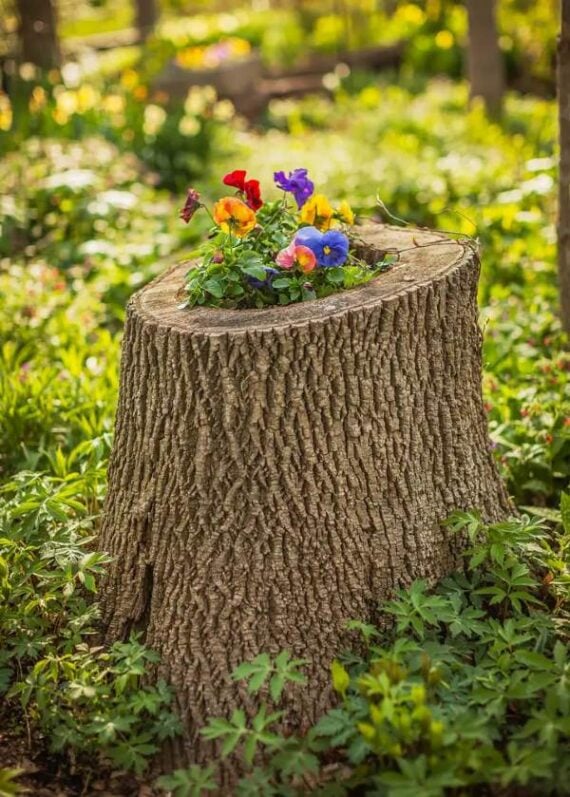 Hollow tree stump planted with small pink and white flowers