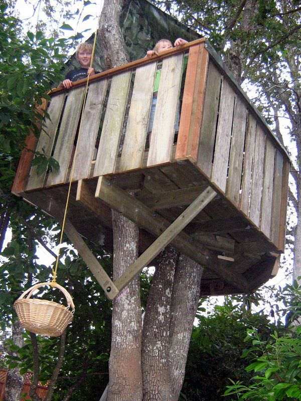 Simple wooden DIY children's treehouse built around a tree with a small balcony and ladder.