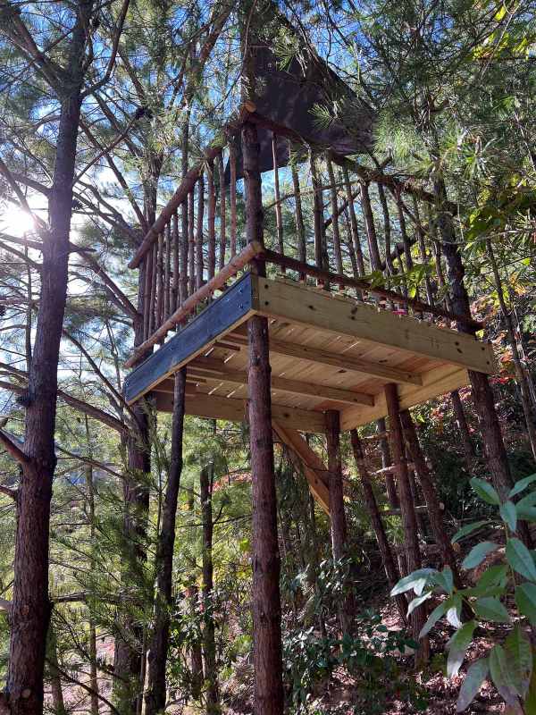Rustic DIY treehouse made from reclaimed wood planks with a rope basket pulley.