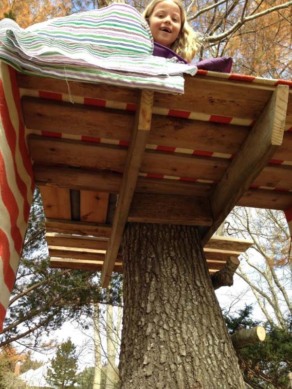 Simple DIY children's treehouse platform built around a tree with wooden deck supports.